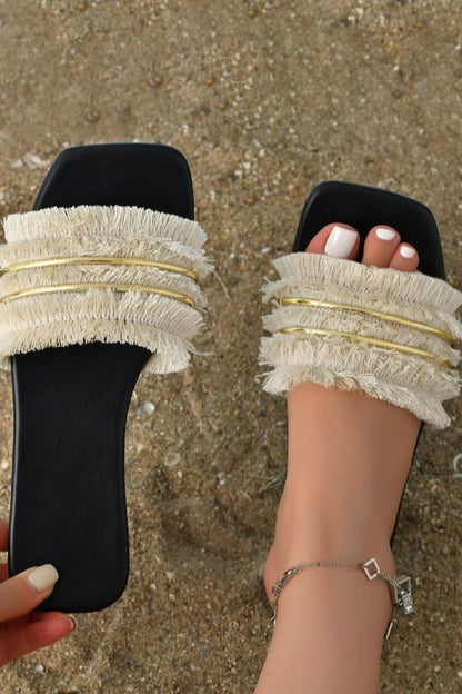 Sommer Slides Sandalen Mit Fransen Detail