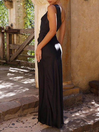Satin Maxikleid Damen Elegant Schulterfrei Mit Schlitz