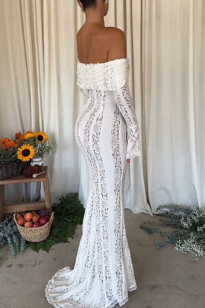 Weiße Off Shoulder Maxi Kleid Spitze Fishtail Damenkleid