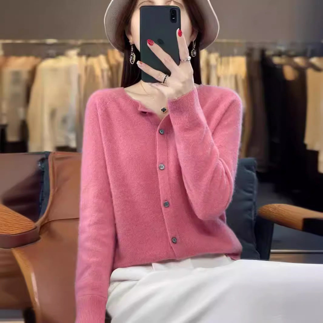 Damen Strickjacke Merino Wolle Rundhals Langärmlig
