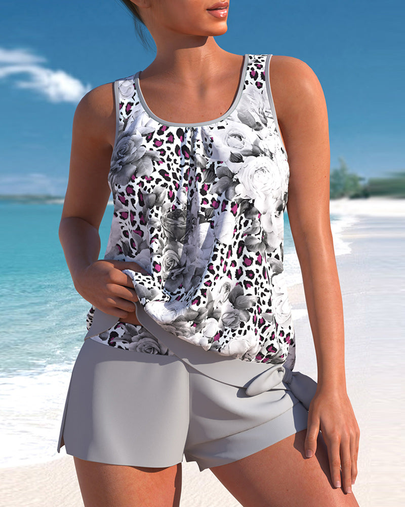 Graues Damen Tankini Satz Bedruckt Figurformend