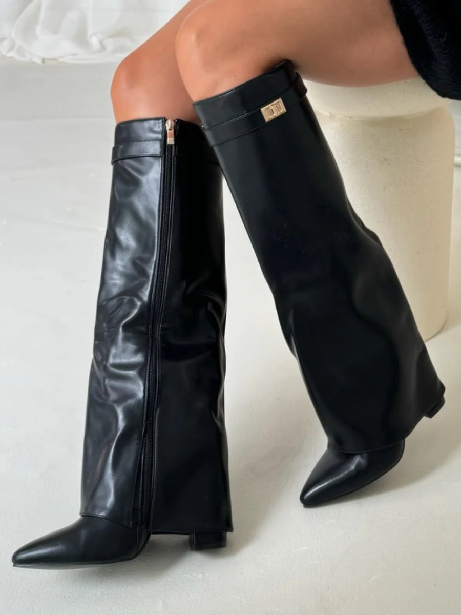 Damen Stiefel Überknie Reißverschluss Schwarz
