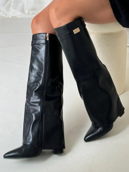 Damen Stiefel Überknie Reißverschluss Schwarz