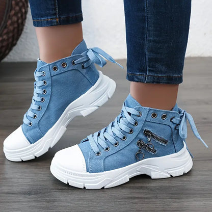 Damen Sneaker High-Top Jeansblau Reißverschluss Schuhe - BerlinGlamour