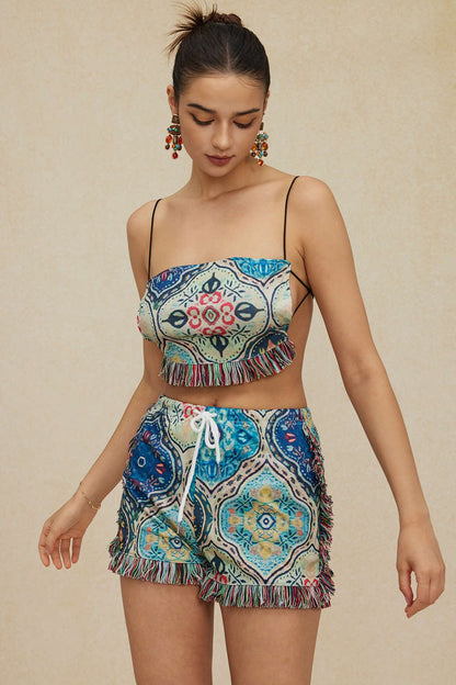 Boho-Zweiteiler-Set mit Fransen und Blumenprint
