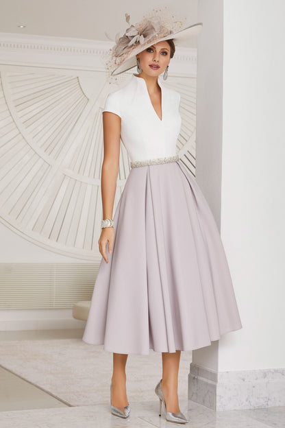 Weißes Sommerkleid V-Ausschnitt Farbblock Damenkleid