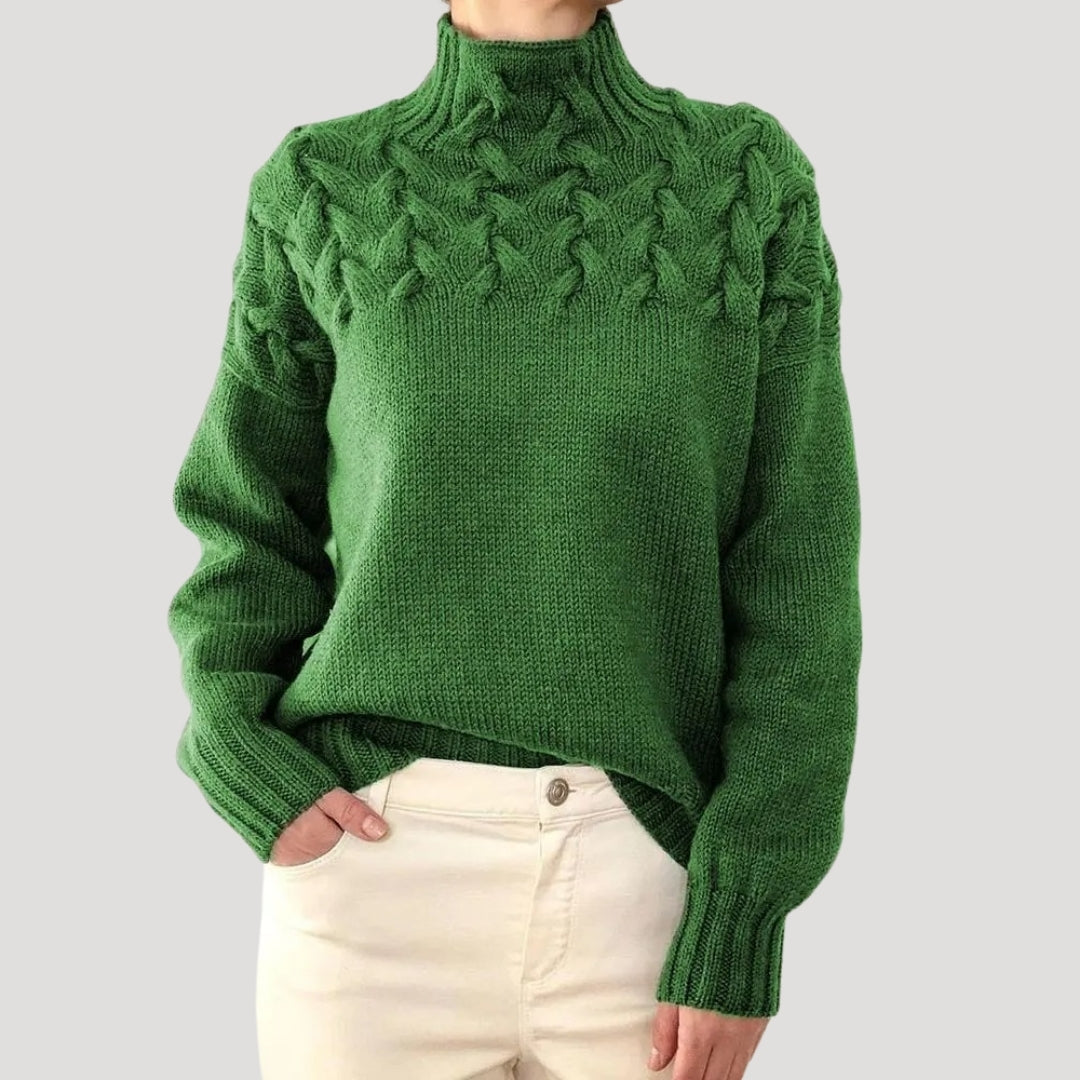 Damen Frühlingspullover Strick Zopfmuster Hochkragen - BerlinGlamour