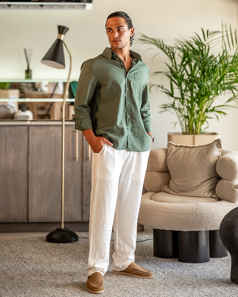 Herren Leinenanzug Sommer Zweiteiler Langarm Hose Hemd Set