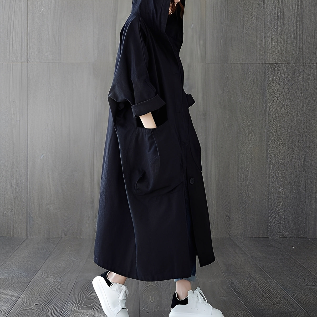 Frauen Trenchcoat Modern mit Taschen und Kapuze