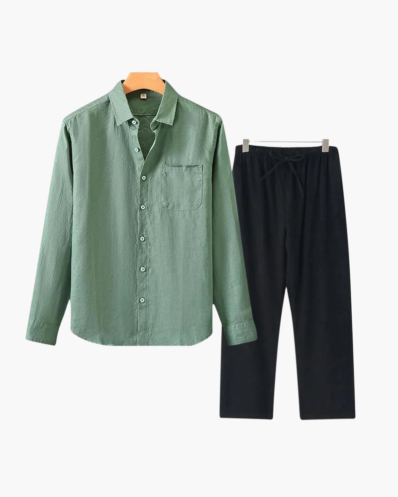 Herren Leinenanzug Sommer Zweiteiler Langarm Hose Hemd Set