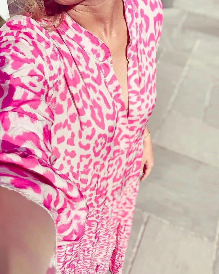 Leopardenmuster Sommerkleid Elegant Kurz