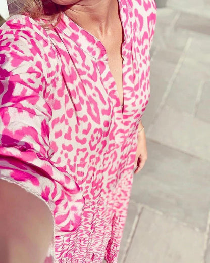 Leopardenmuster Sommerkleid Elegant Kurz