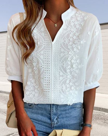 Damen Bluse V-Ausschnitt Puffärmel Elegant