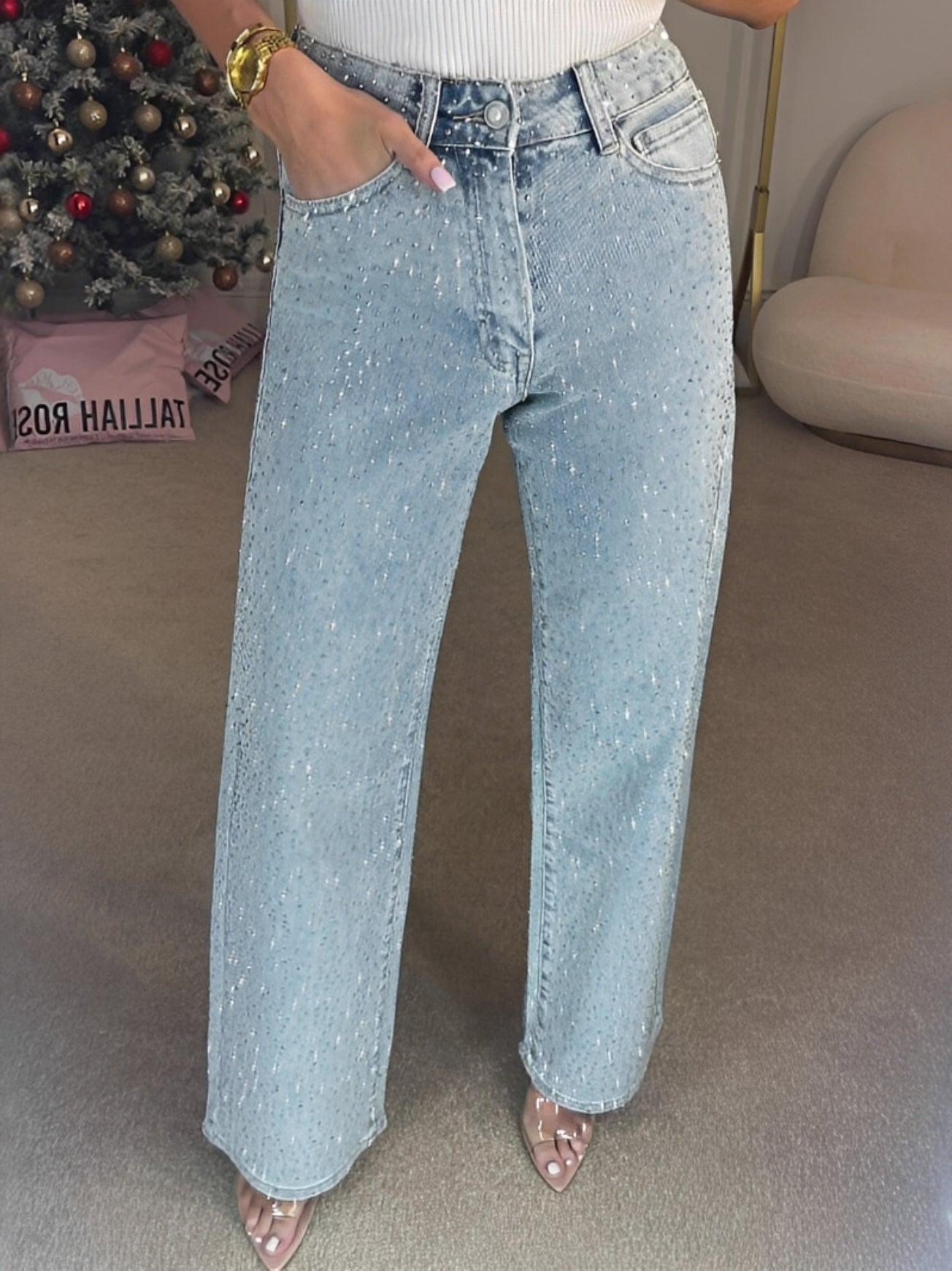 Glitzerjeans Damen Hochwertig Hohe Taille Glitzer Effekt