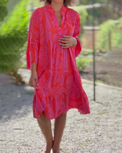 Boho Kleid 3/4 Ärmel Geometrischer Druck Frauen - BerlinGlamour