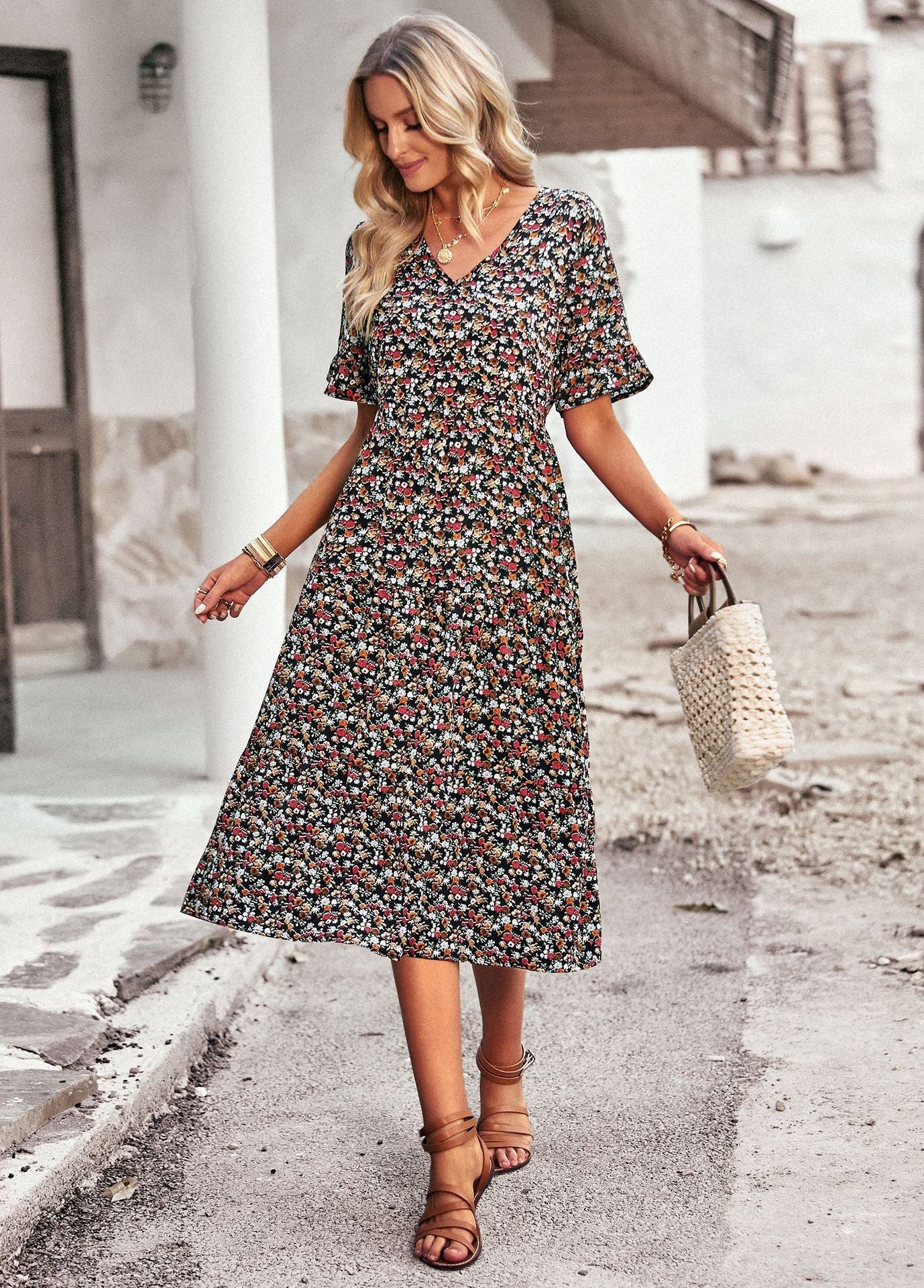 Damendress Blumenmuster Bequem Midilength Sommerkleid