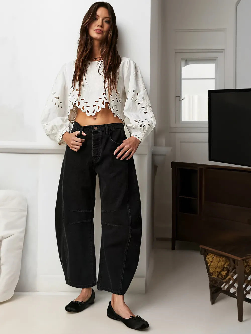 Damen Jeans Weit Bein Schnitt mit Deko Nähten