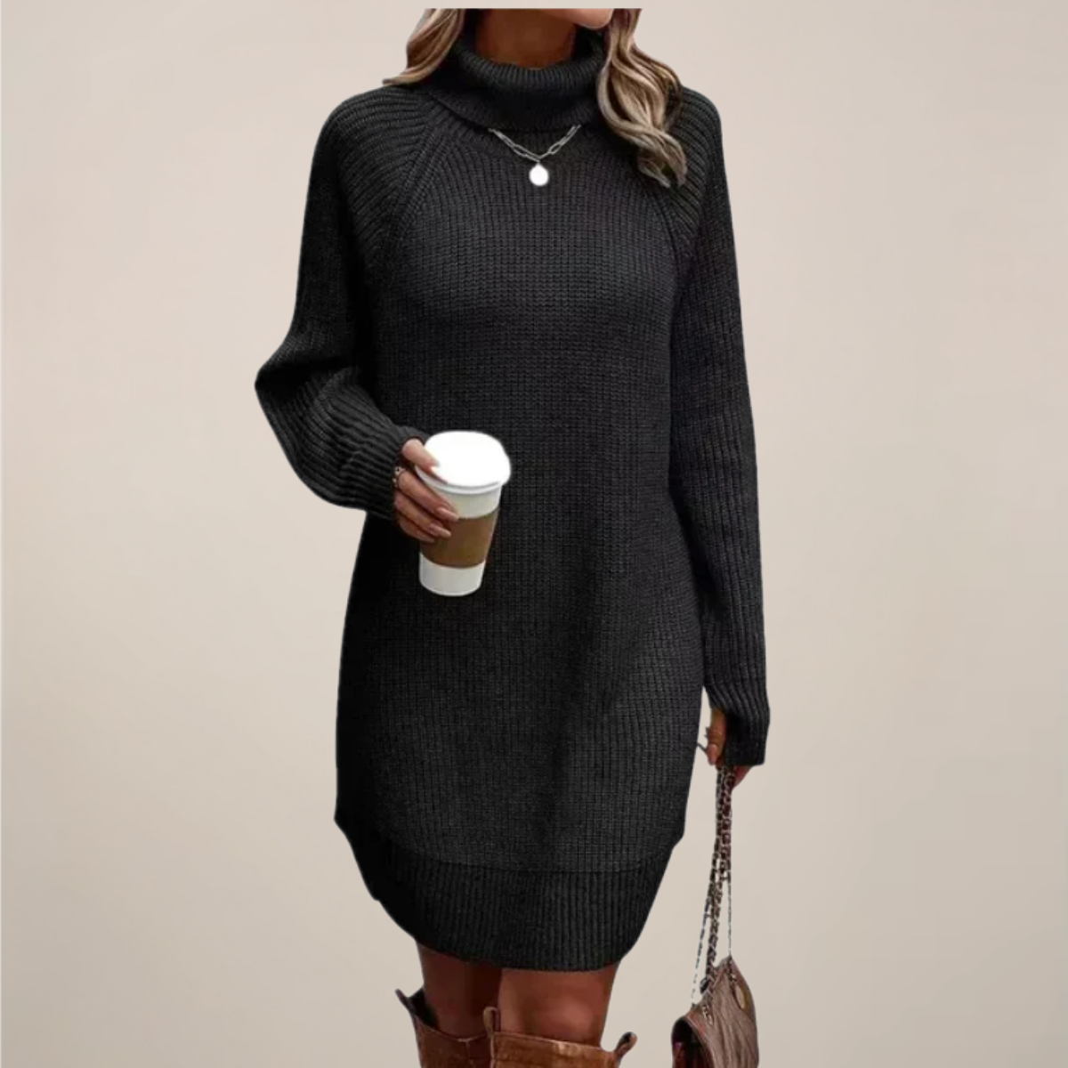 Damen Rollkragen Pulloverkleid Langarm Warm