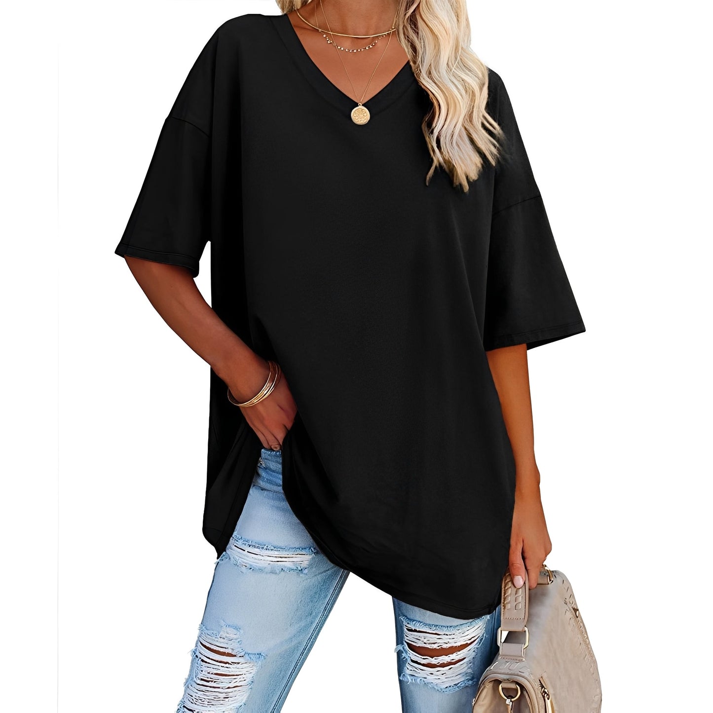 Damen Shirt V-Ausschnitt Lässig Locker Geschnitten