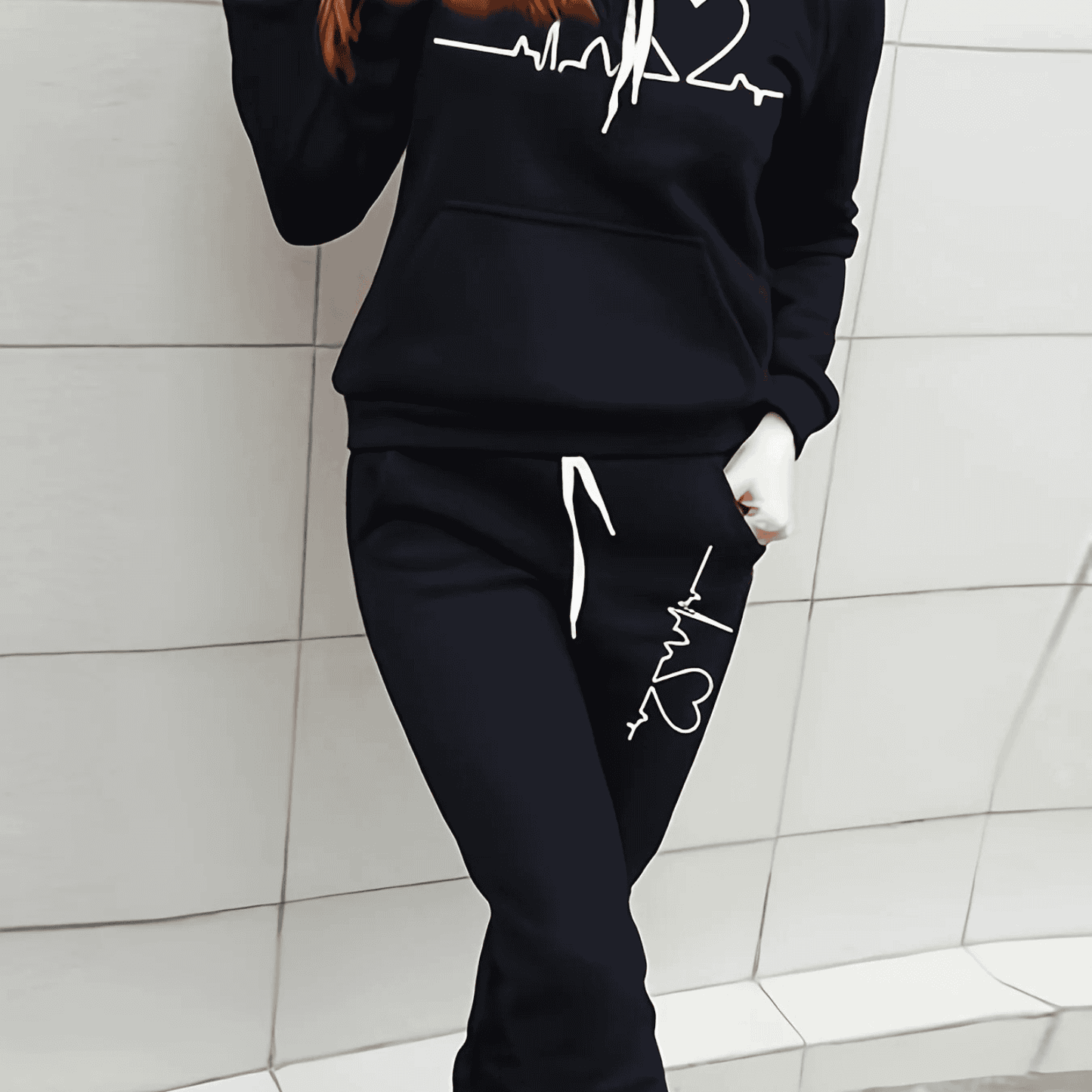 Damen Hoodie Set mit Herz Motiv Warm Winter