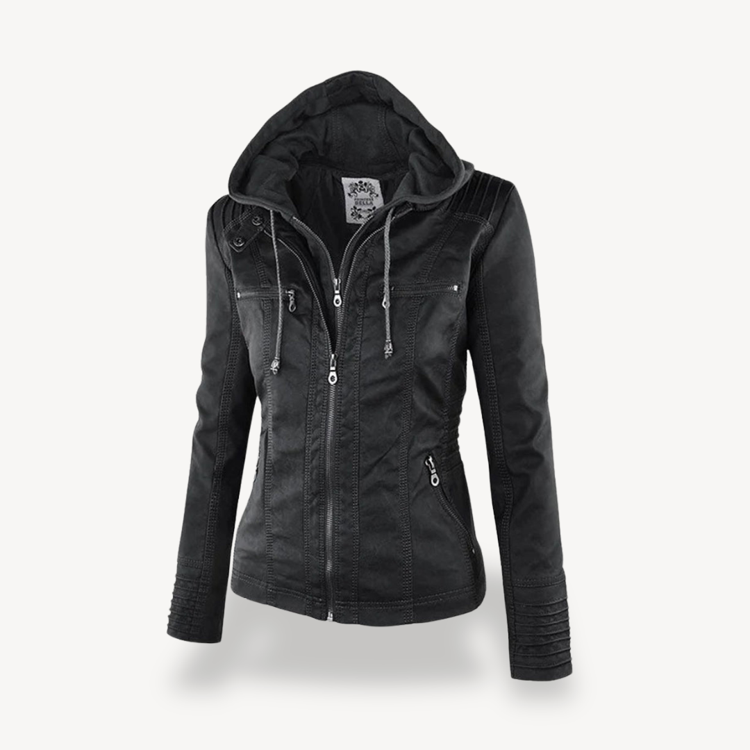 Wasserdichte Lederjacke Damen Kapuze Schwarz Ledermantel