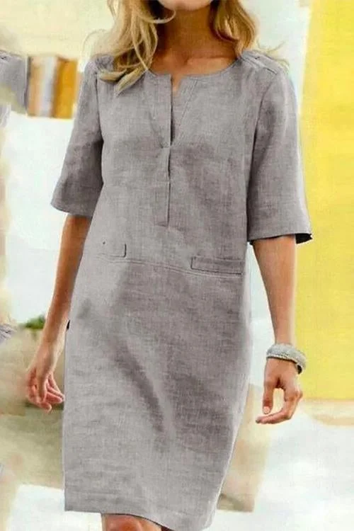 Kleid Damen Kurzärmlig Leinen Sommerkleid Baumwolle