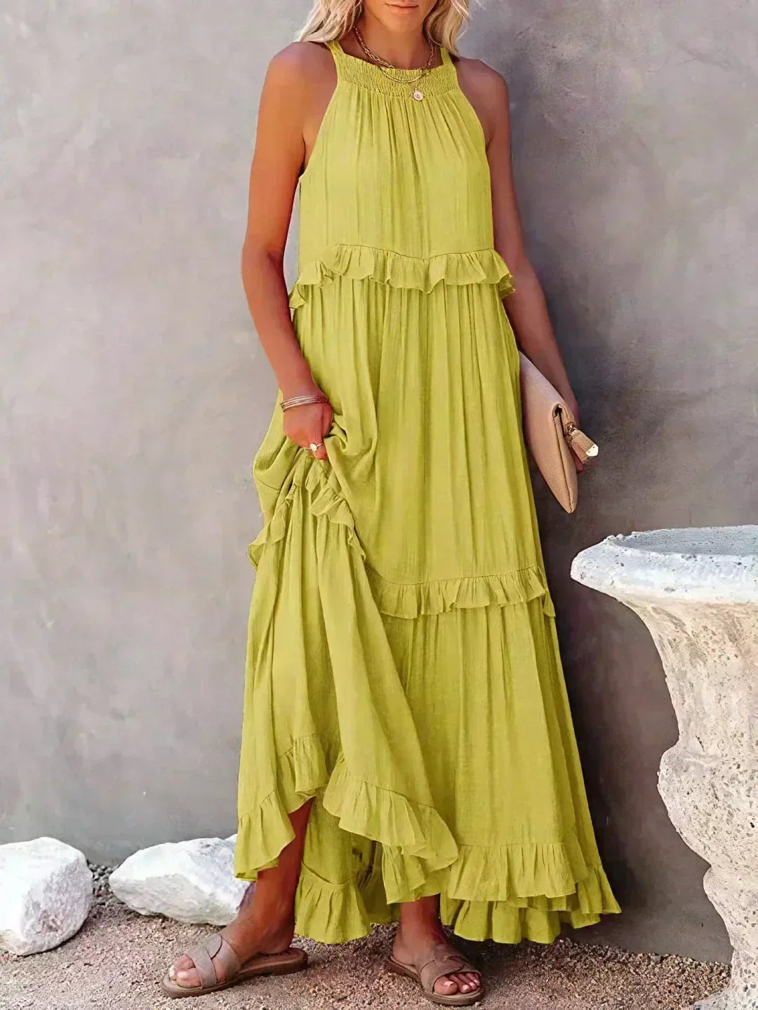 Sommer Maxikleid mit Volants Neckholder Damenkleid