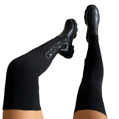 Elastische Stiefel Reißverschluss Damen Stiefel Schwarz - BerlinGlamour