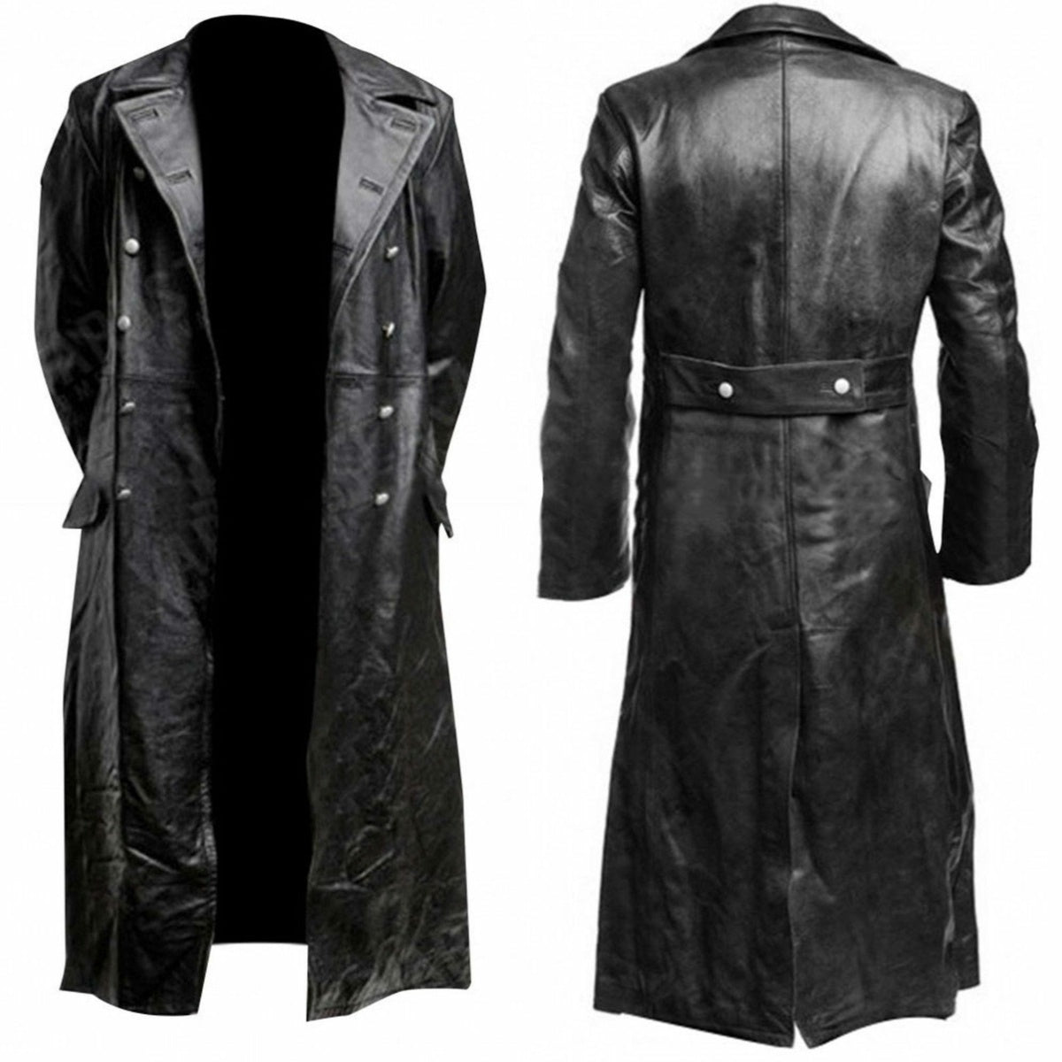 Langer Ledermantel Schwarz Elegant Damen