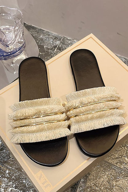 Sommer Slides Sandalen Mit Fransen Detail