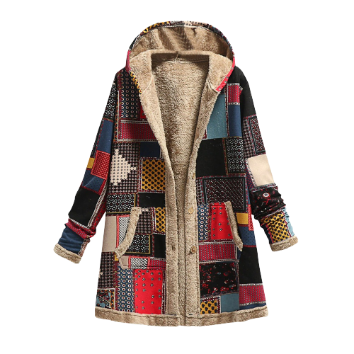 Kapuzenmantel Damen Patchwork Gefüttert Knöpfe Taschen
