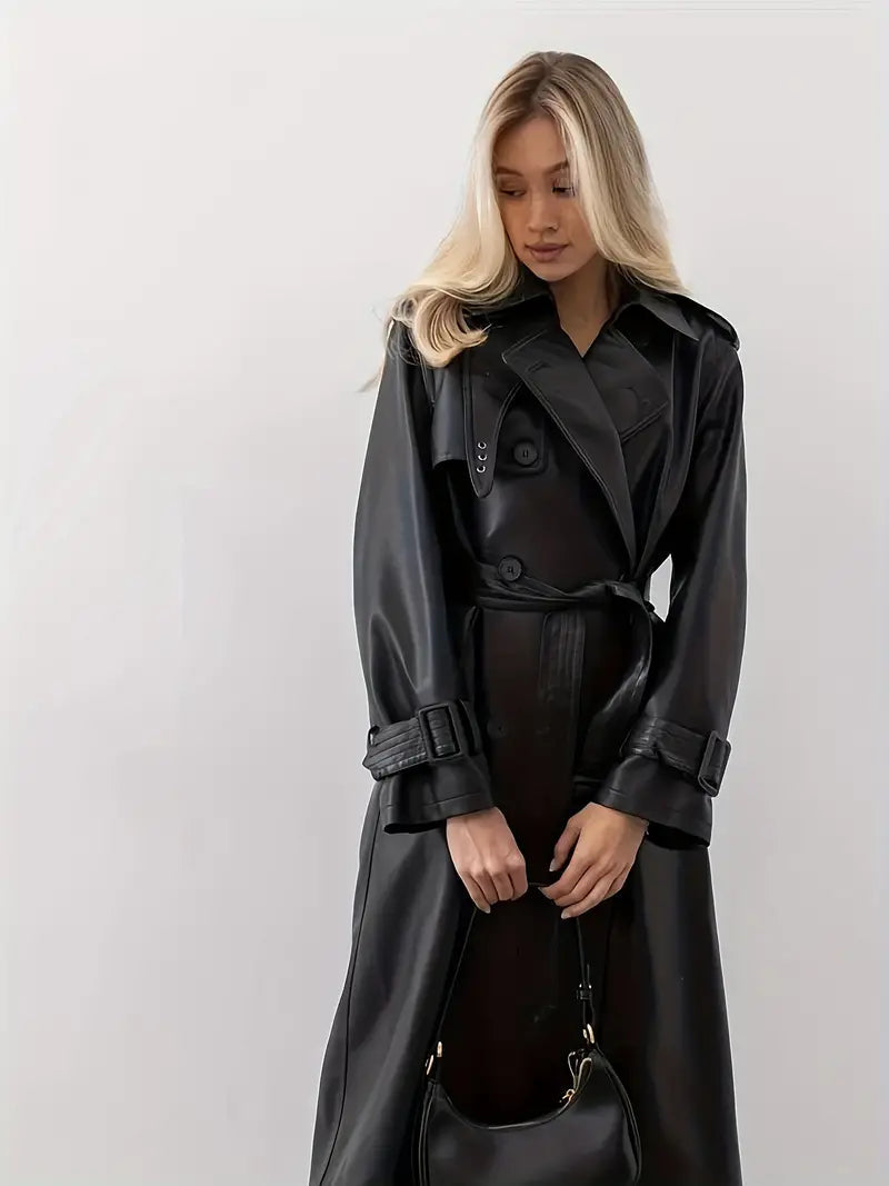 Damen Trenchcoat Lang Gürtetragend Kunstleder Schwarz