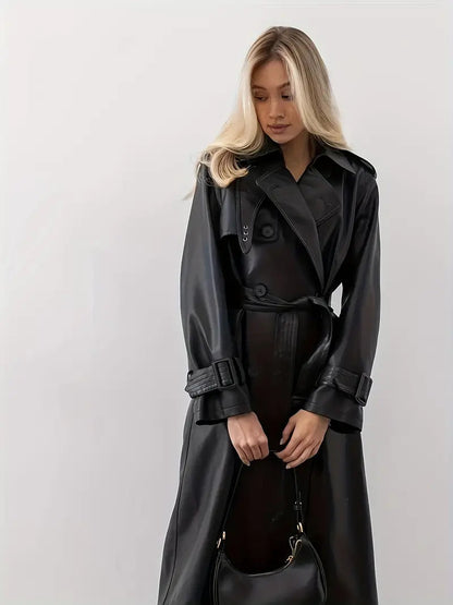 Damen Trenchcoat Lang Gürtetragend Kunstleder Schwarz