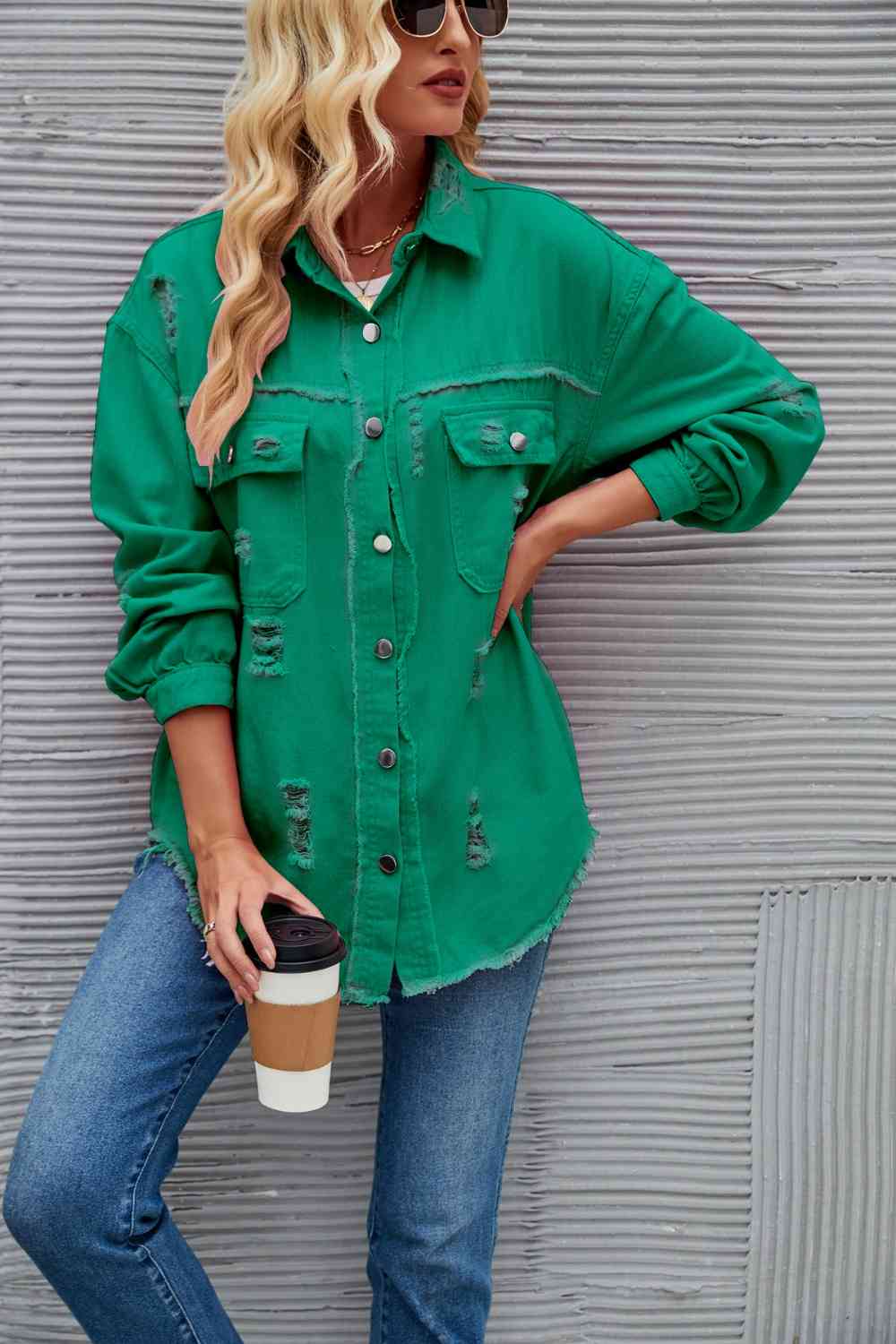 Rohsaum Denimjacke Zerrissen Trendig Frauenjacke