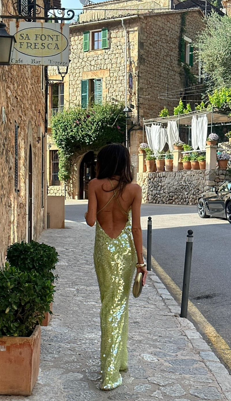 Sommerkleid Damen Pailletten Quadratkragen Elegant