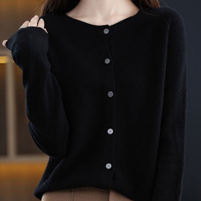 Damen Strickjacke Merino Wolle Rundhals Langärmlig