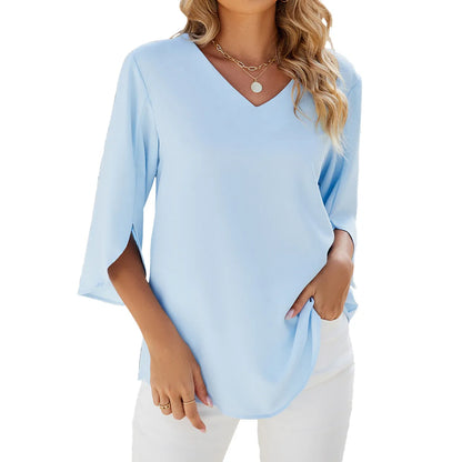 Damenbluse Chiffon Kurzärmelig V-Ausschnitt Elegant