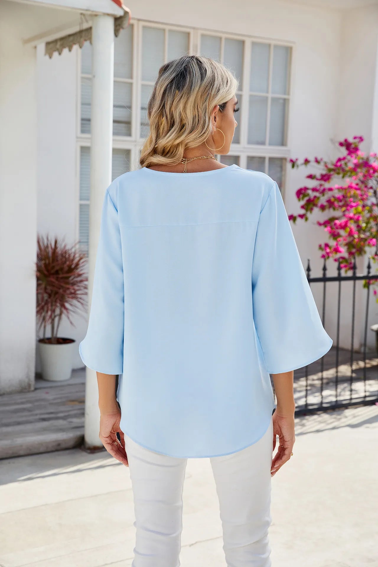 Damenbluse Chiffon Kurzärmelig V-Ausschnitt Elegant