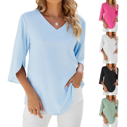 Damenbluse Chiffon Kurzärmelig V-Ausschnitt Elegant
