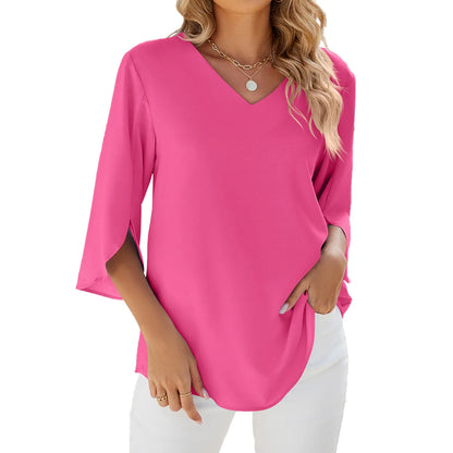 Damenbluse Chiffon Kurzärmelig V-Ausschnitt Elegant
