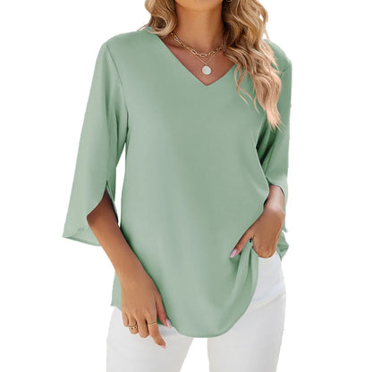Damenbluse Chiffon Kurzärmelig V-Ausschnitt Elegant