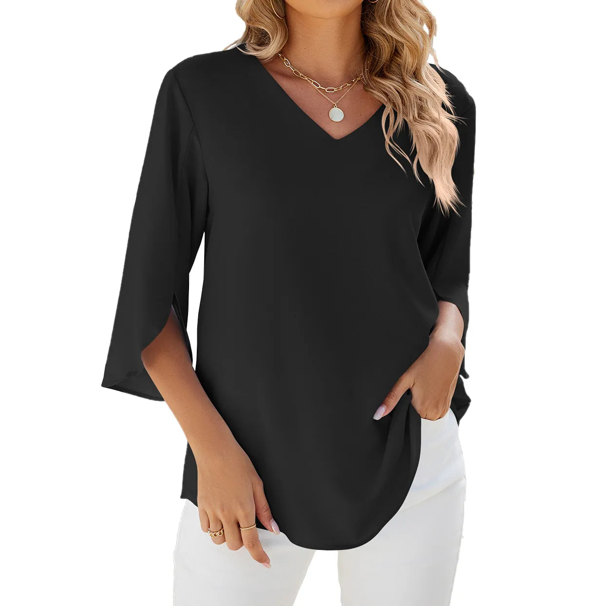Damenbluse Chiffon Kurzärmelig V-Ausschnitt Elegant