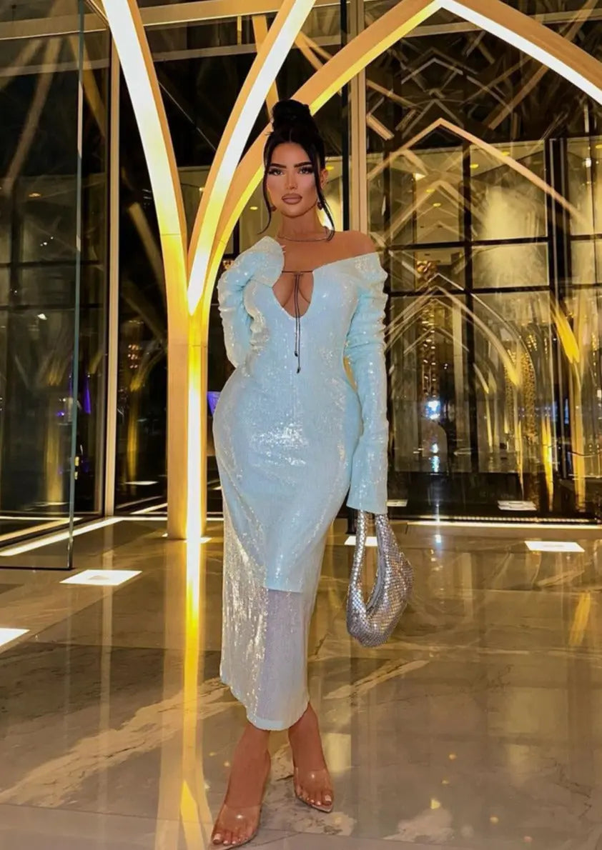 Mintgrünes Glitzerkleid Damen Spitze Langärmlig Partykleid - BerlinGlamour