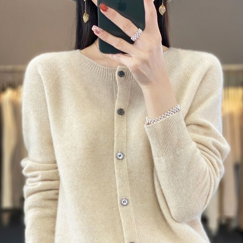 Damen Strickjacke Merino Wolle Rundhals Langärmlig