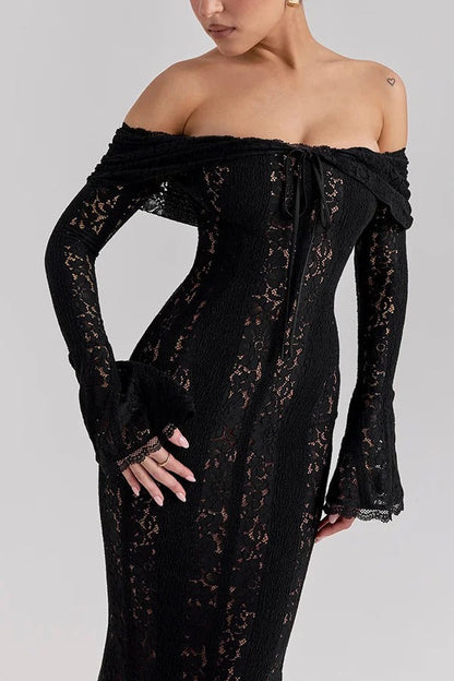 Weiße Off Shoulder Maxi Kleid Spitze Fishtail Damenkleid