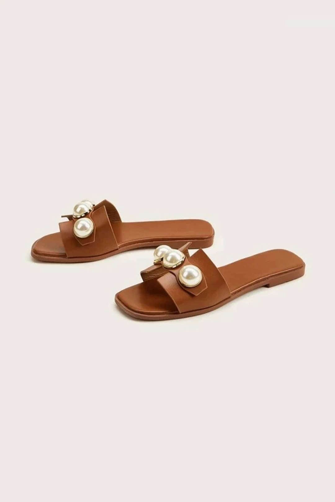 Leder Slides Damen Leicht mit Perlen Verzierung Luxus - BerlinGlamour
