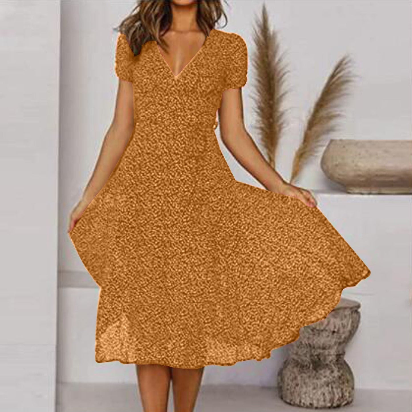 Kleid A-Linie mit V-Ausschnitt und Fließendem Rock Damen