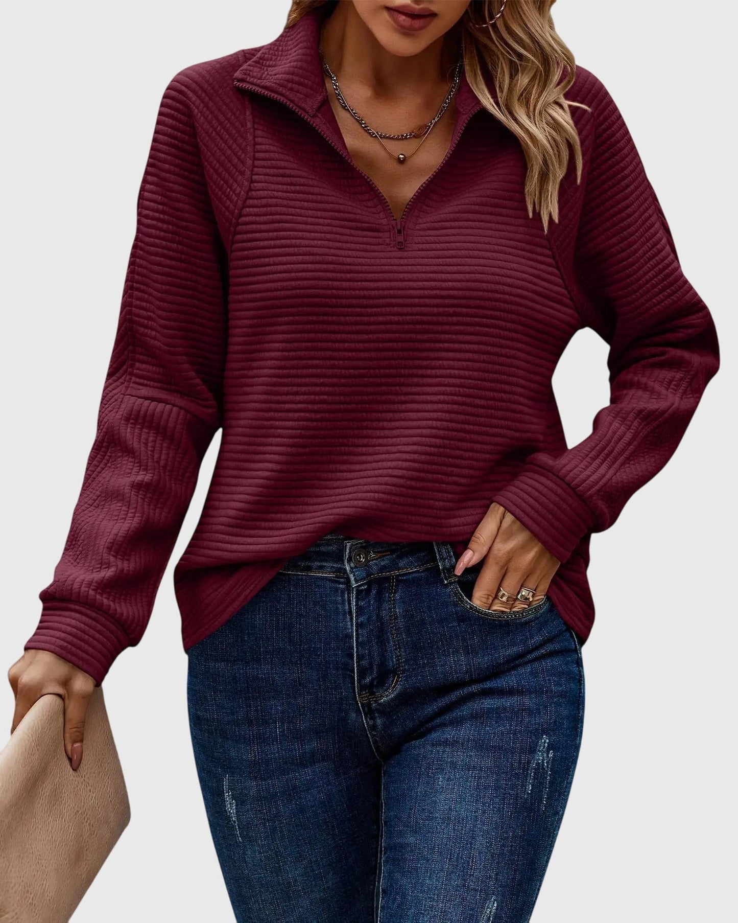 Damen Pullover Langarm Lässig mit Reißverschluss