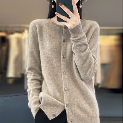 Damen Strickjacke Merino Wolle Rundhals Langärmlig