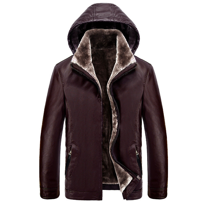 Herren Lederjacke Urban Style Kapuze Warm